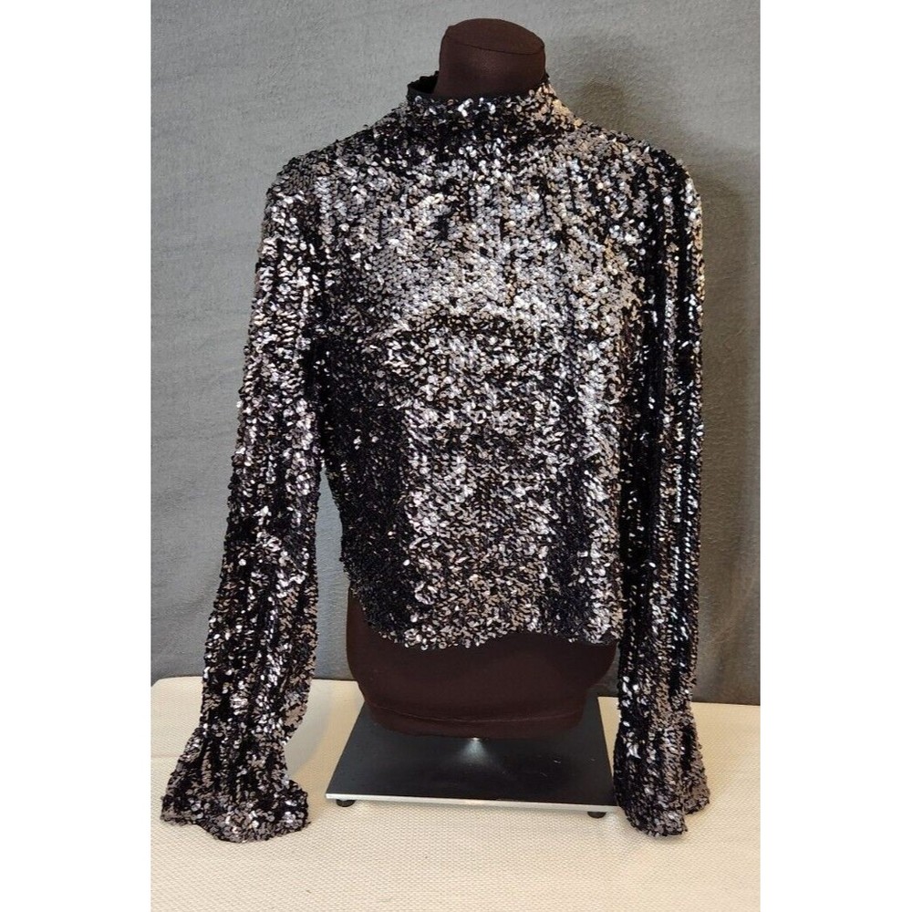 Free People Moonstruck‎ Black Sequin Open Back Top Womens Size Small Long Sleeve